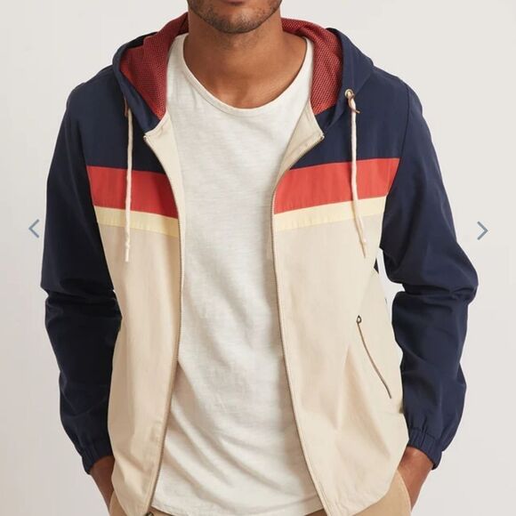 Marine layer Dawson Stretch Twill Hooded Windbreaker in Navy/Natural - Picture 2 of 7